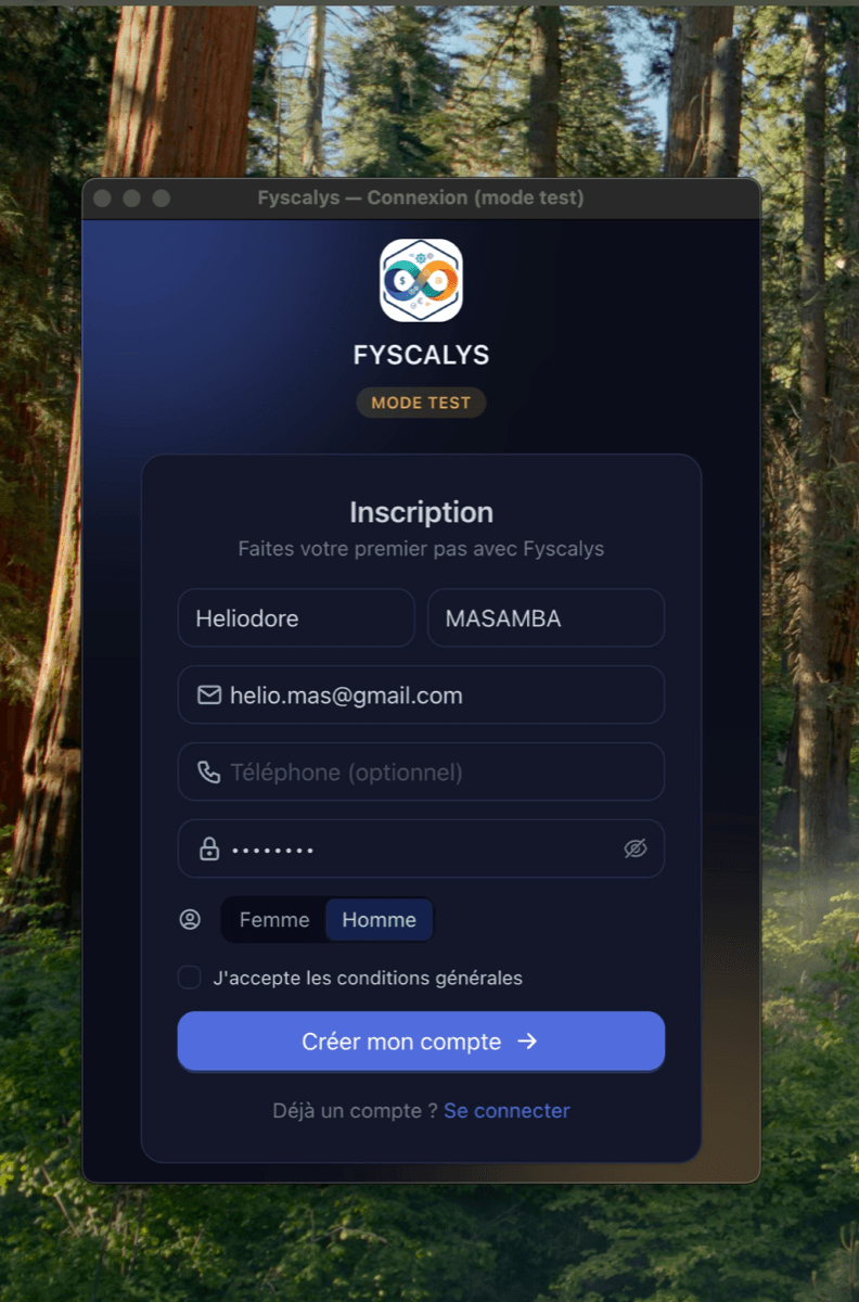 Écran de création de compte Fyscalys
